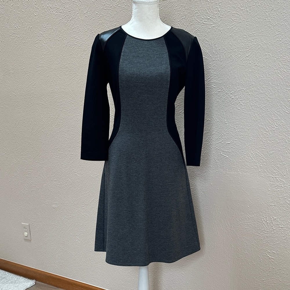 Kenneth Cole New York Faux Leather Piped Gray Black Long Sleeve Dress Size 6